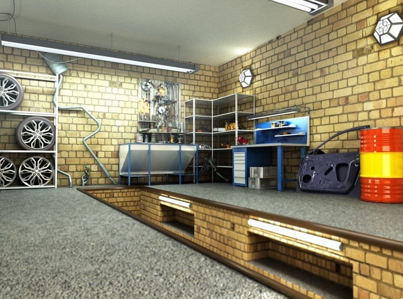 garage 3d interior with opened roller door